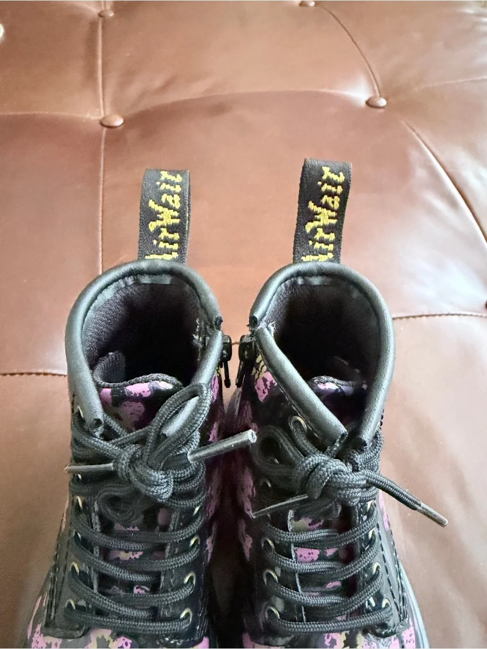 Dr. Martens Kids Black Lace-Up Boots with Pink Floral Print